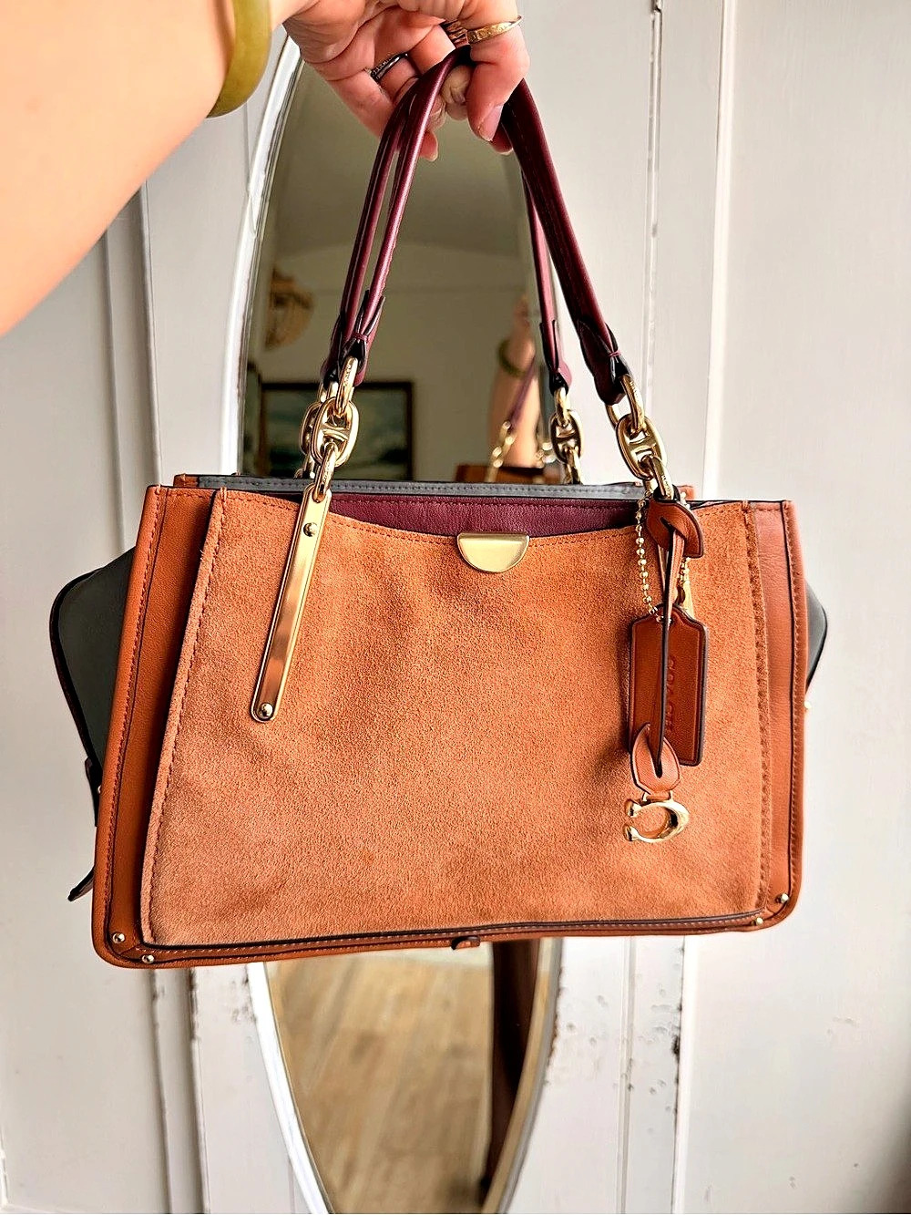 Coach Dreamer Satchel Colorblock Suede Satchel in Brown & Burgundy